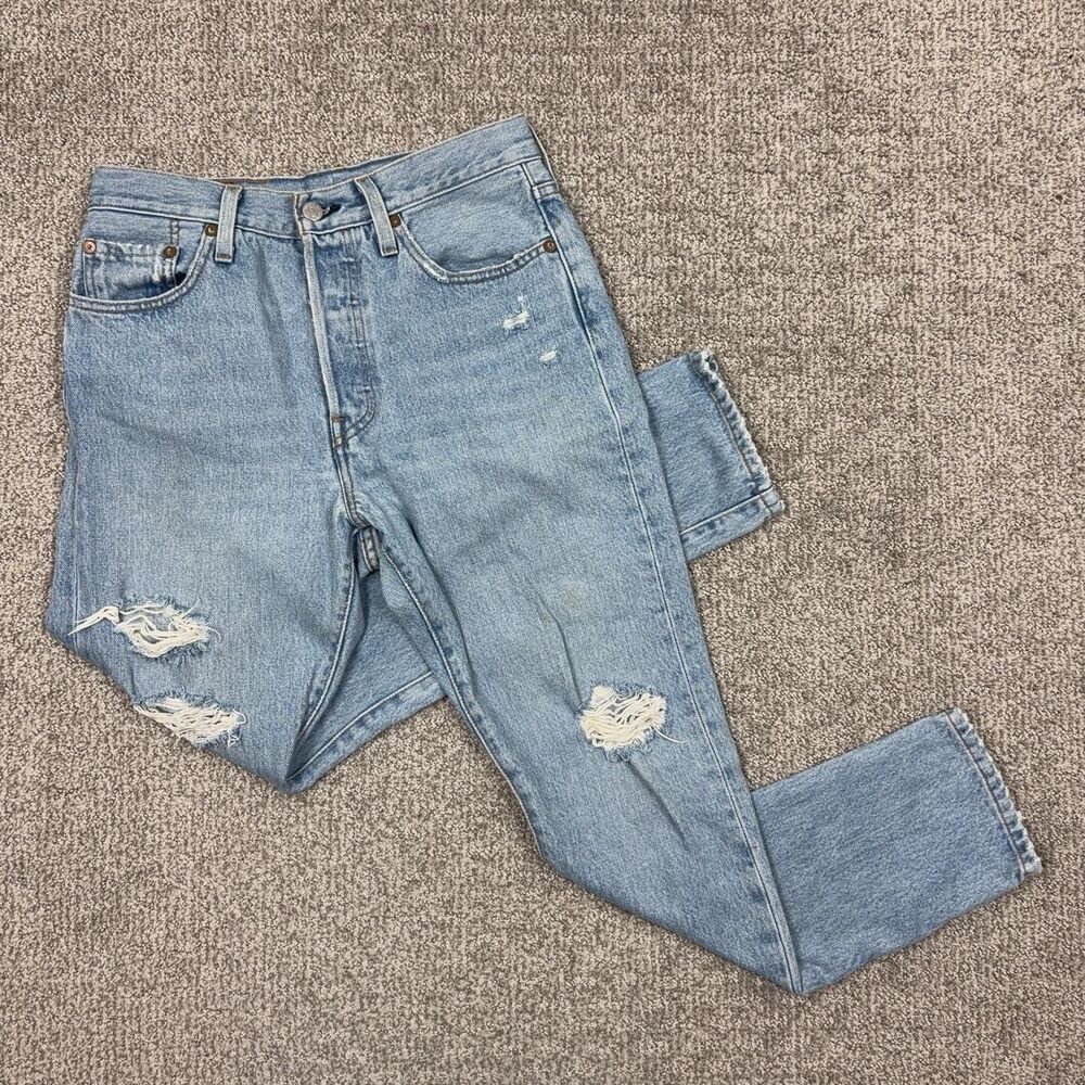 Levis Premium 501 S Jeans Womens 28X28 Blue High Rise Skinny Distressed Denim